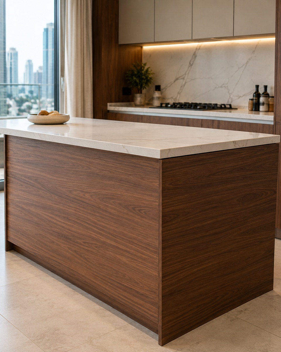 Finished walnut wood-grain vinyl wrapped kitchen island in a modern Dubai apartment