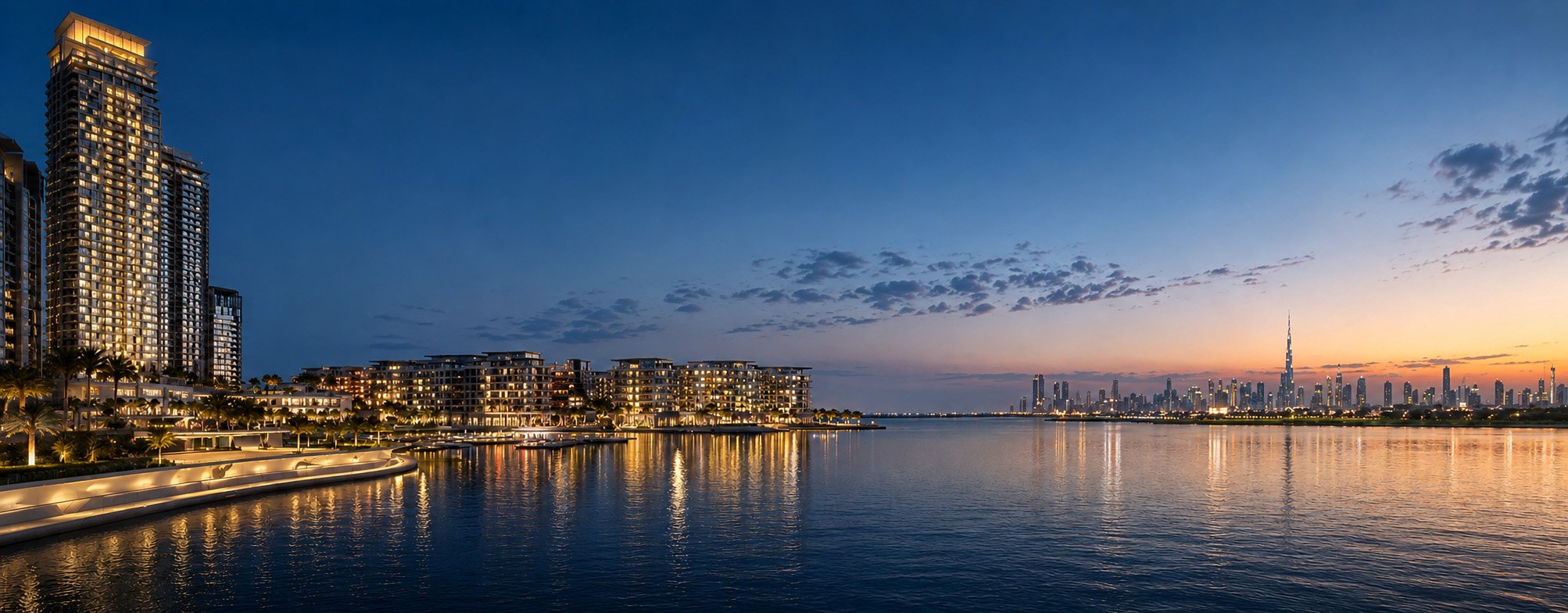 Dubai skyline at dusk along the waterfront