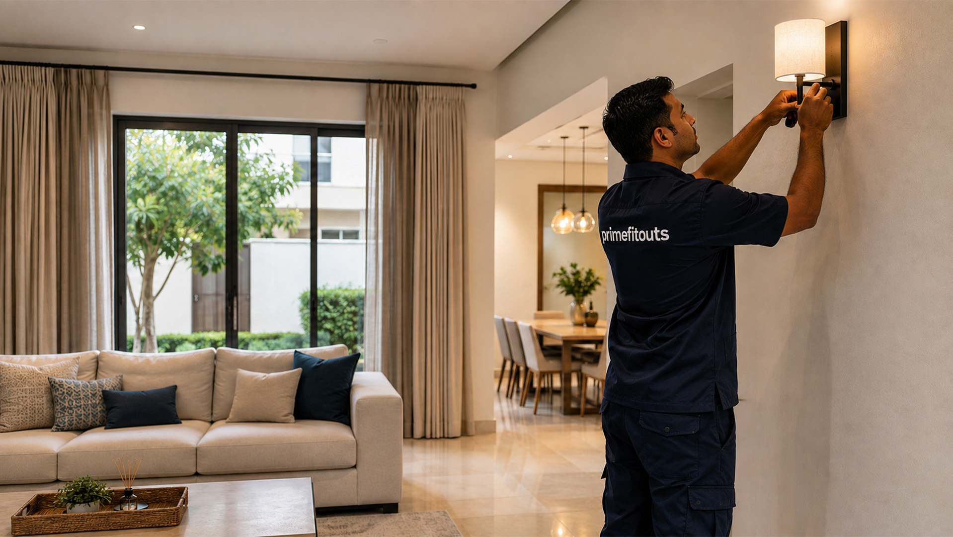 Prime Fitouts handyman technician installing a wall light fixture
