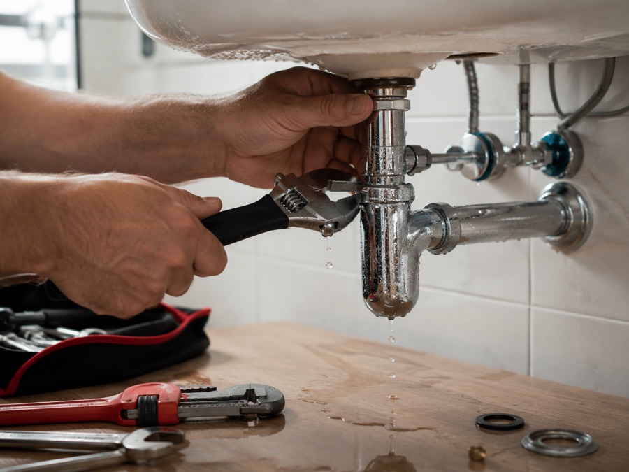 Plumber fixing a leaking faucet under a bathroom sink in Dubai