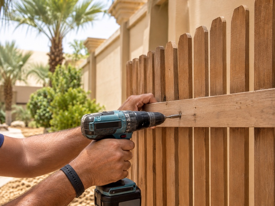 Repairing a wooden garden fence panel outdoors