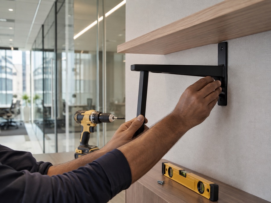Installing a wall-mounted shelf bracket in a modern office