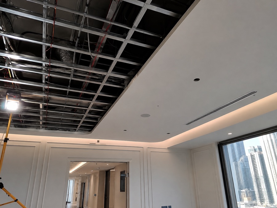 Gypsum false ceiling installation in progress