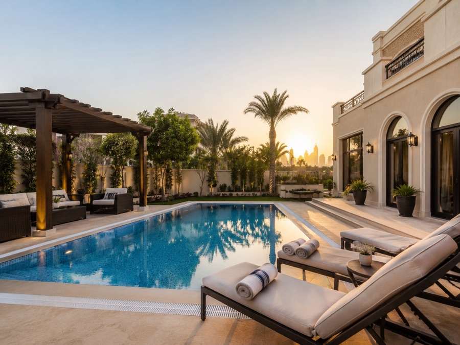 Villa swimming pool and outdoor living area at sunset