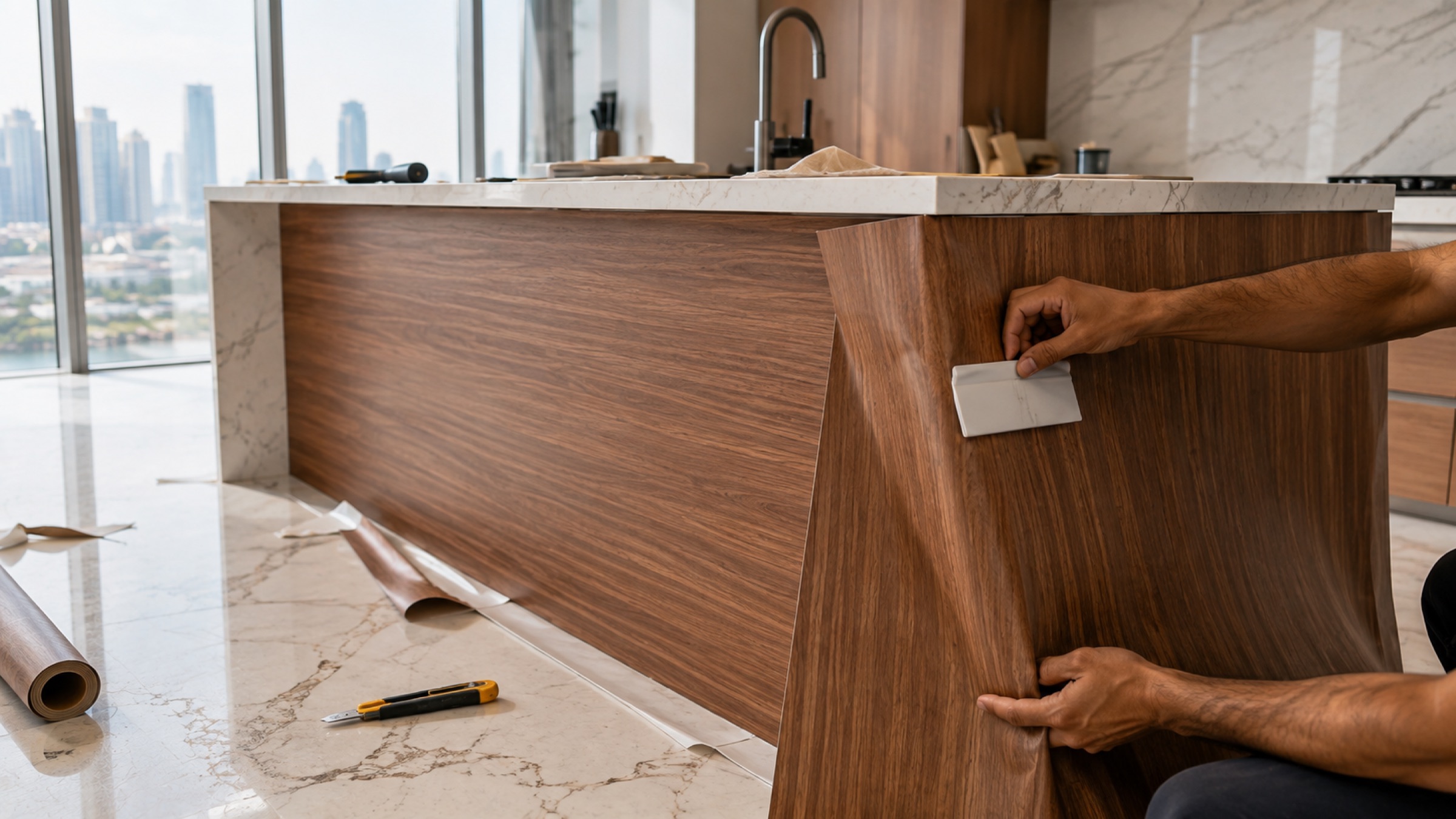 Technician wrapping a walnut wood-grain vinyl finish onto a kitchen island in a modern Dubai apartment