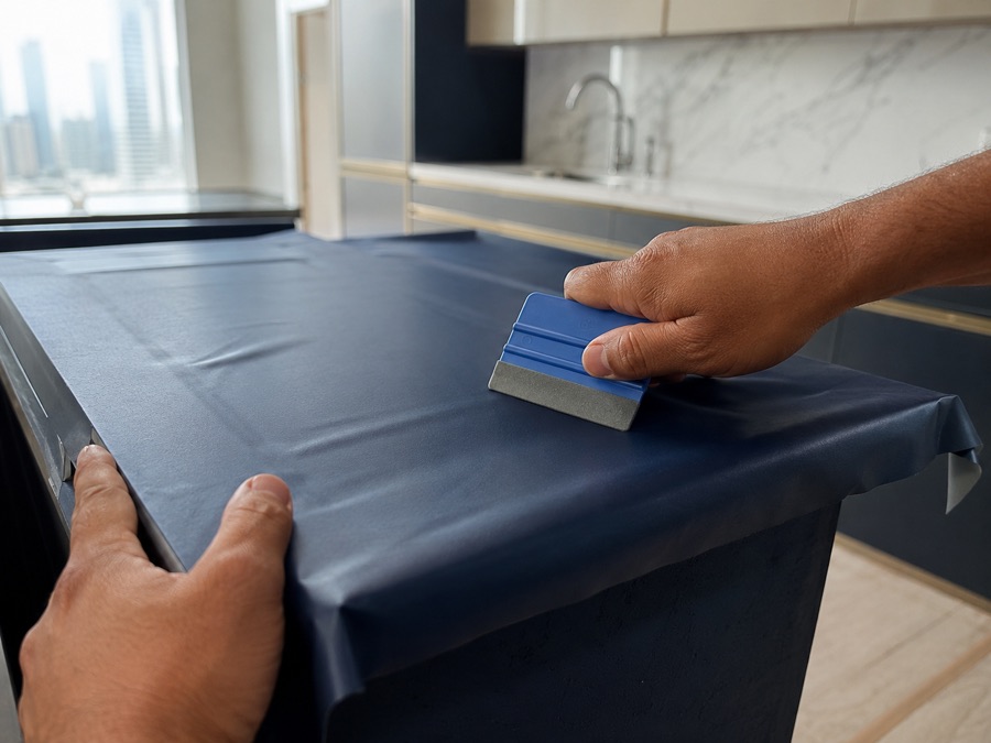 Technician wrapping a navy-blue vinyl finish onto a kitchen island in a modern Dubai apartment