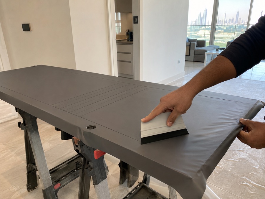 Applying charcoal-grey vinyl wrap to an interior door