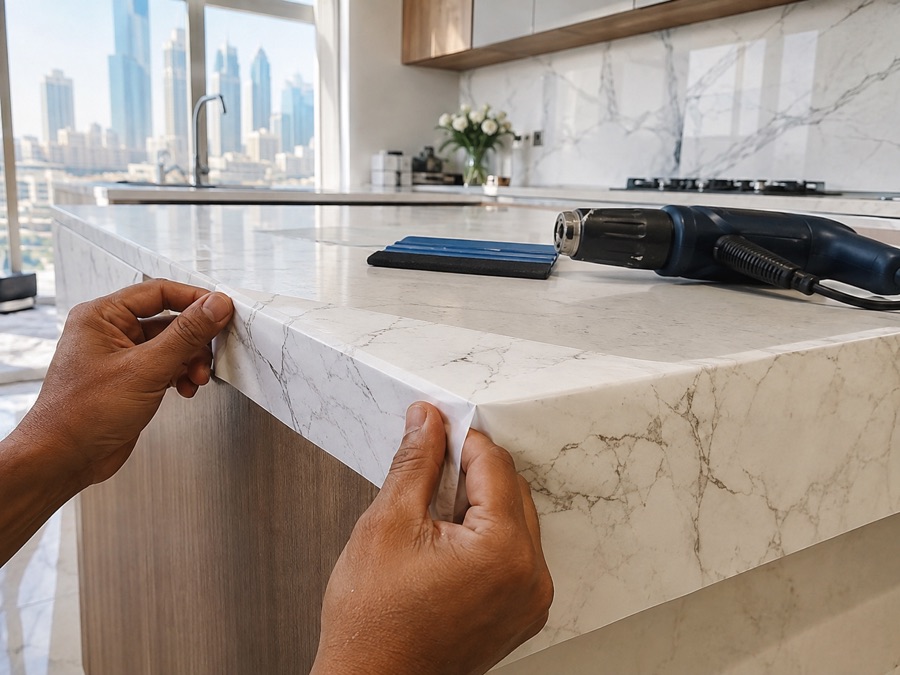 Wrapping white marble-effect vinyl onto a kitchen countertop edge