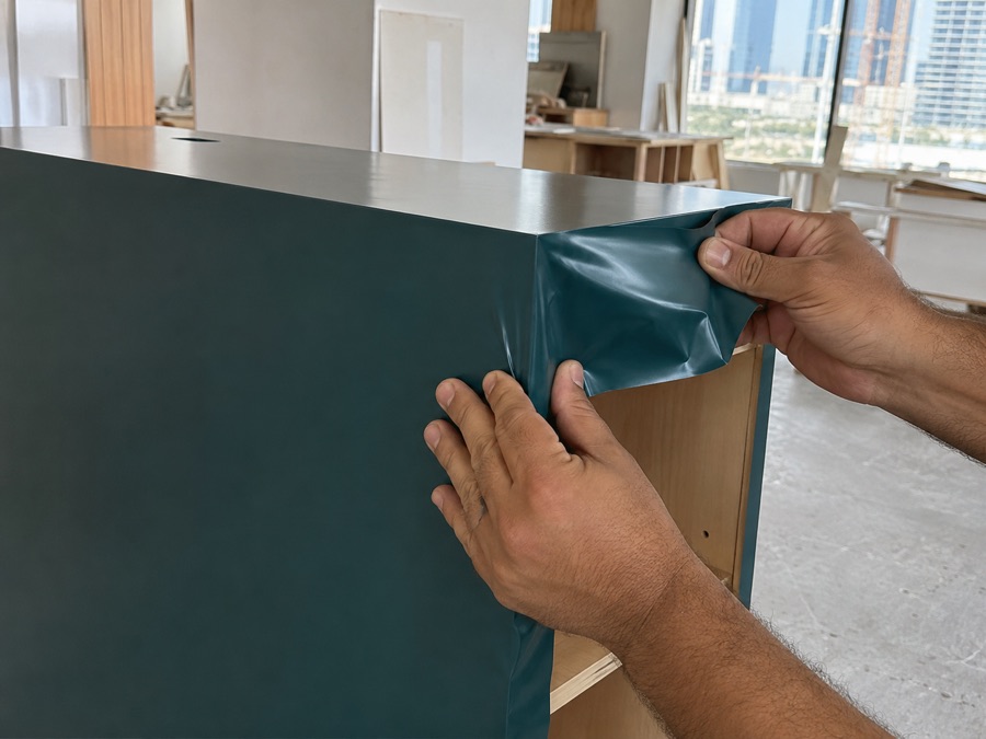 Applying deep teal vinyl wrap to office furniture