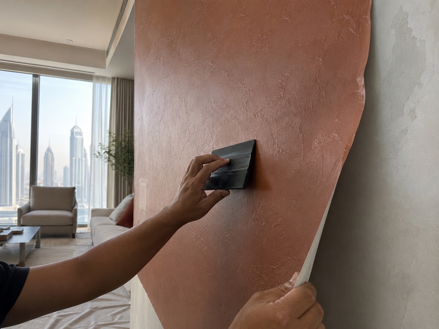 Smoothing a terracotta-toned textured vinyl feature wall panel