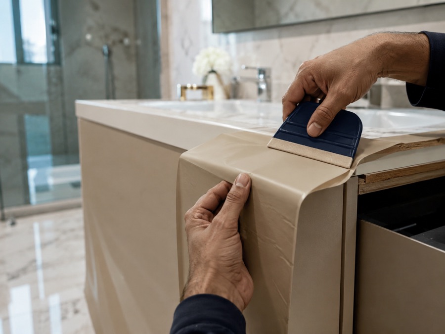 Wrapping sand-beige vinyl around a bathroom vanity cabinet edge