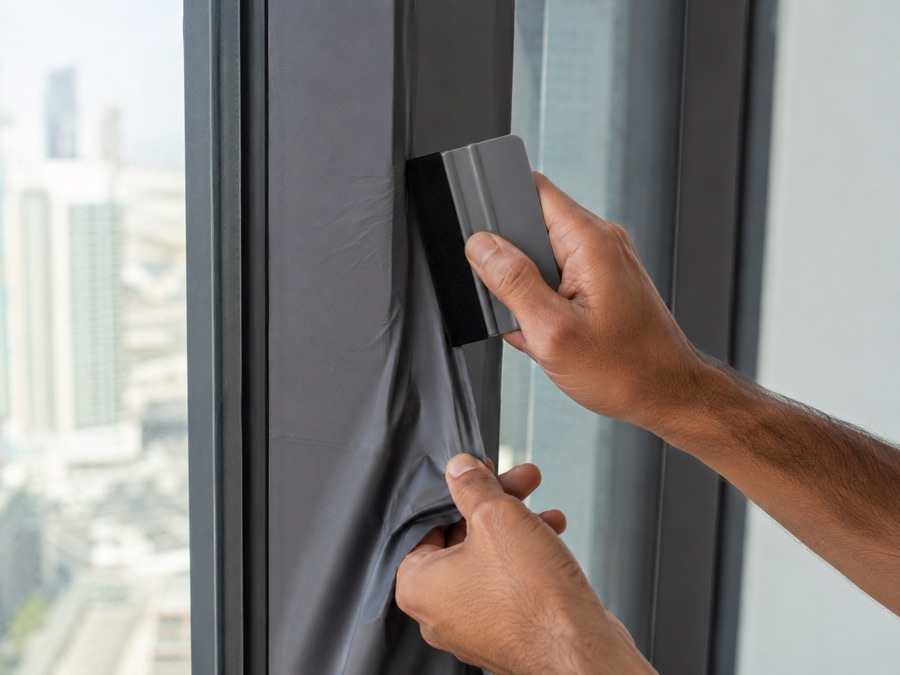 Wrapping graphite-grey vinyl around a window frame edge
