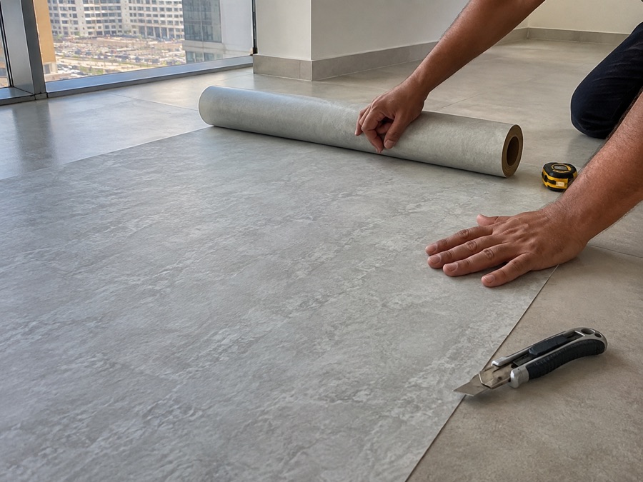 Rolling out light-grey stone-effect vinyl floor film