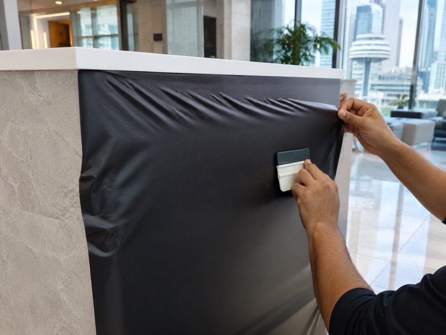 Applying matte-black vinyl film to a modern office reception desk