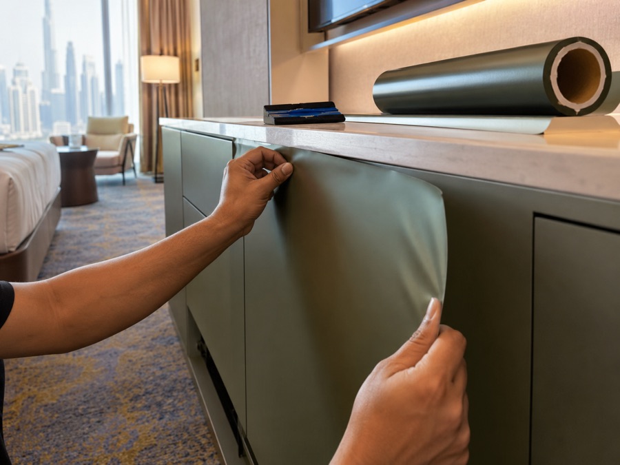 Wrapping olive-green vinyl film onto a hotel room cabinet